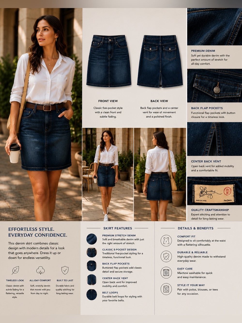 Dark Blue Denim Mini Skirt - Classic Five-Pocket Style